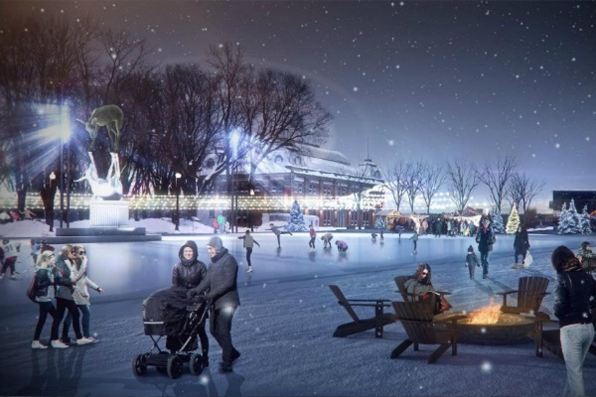 La future place publique située devant le Centre Vidéotron l'hiver. 