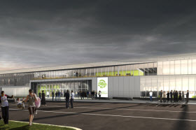  Localisé sur le site de l’ancienne exposition agricole, près des hôtels et restaurants, le Centre de foires aura une superficie de 138 640 pi² répartis sur deux étages et un sous-sol. Crédit : SDED 