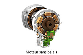 Le moteur sans balais génère moins de friction qu'un moteur universel standard et convertit une plus grande partie de l'énergie de la batterie en énergie cinétique.