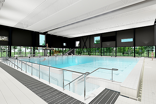 Complexe aquatique de Pierrefonds-Roxboro : sobriété et modernité. Crédit : Atelier Paul Laurendeau et Héloïse Thibodeau Architecte Inc.