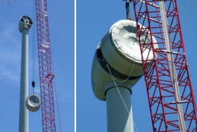 Quand l'espace manque, le moyeu est érigé en premier seul et ensuite, ce sont les pales, une à la fois, qui sont hissées et installées. Crédit Invenergy
