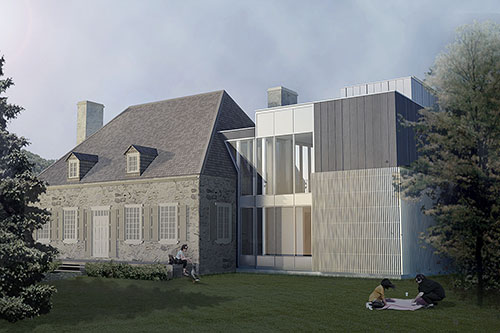 Rendu 3D de la maison restaurée et de son annexe contemporaine. Crédit : Beaupré Michaud et Associés, Architectes