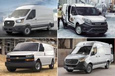 Le Ford Transit. Crédit : Ford; Le Ram Promaster. Crédit : Stellantis; Le Chevrolet Express. Crédit : General Motors; Le Mercedes-Benz Sprinter. Crédit : Mercedes-Benz