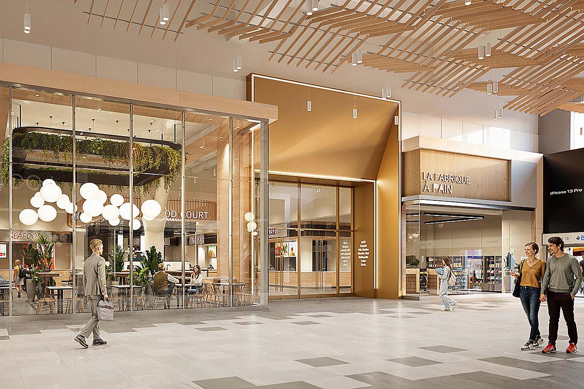 Une nouvelle aire de restauration et un stationnement souterrain au métro Longueuil–Université-de-Sherbrooke. Crédit : Groupe Devimco