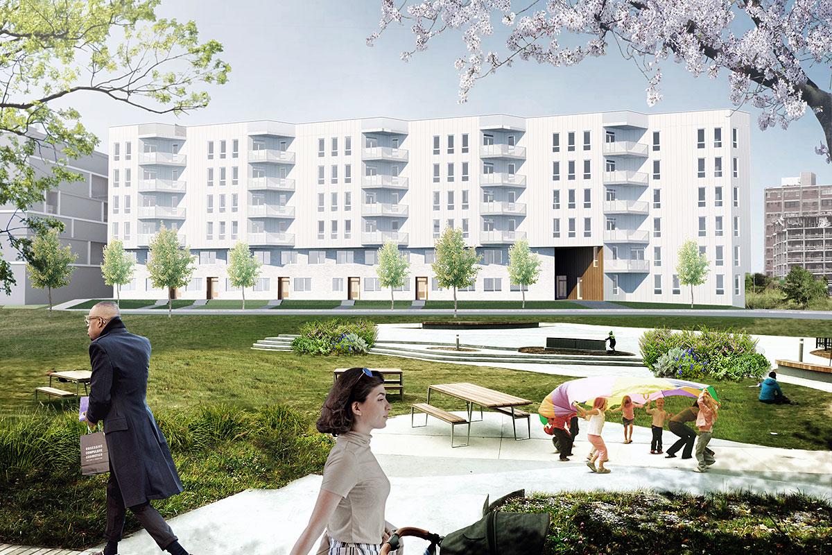 Construction d’un nouveau projet de logements sociaux sur le campus MIL. Crédit : Pivot - Coopérative d’architecture