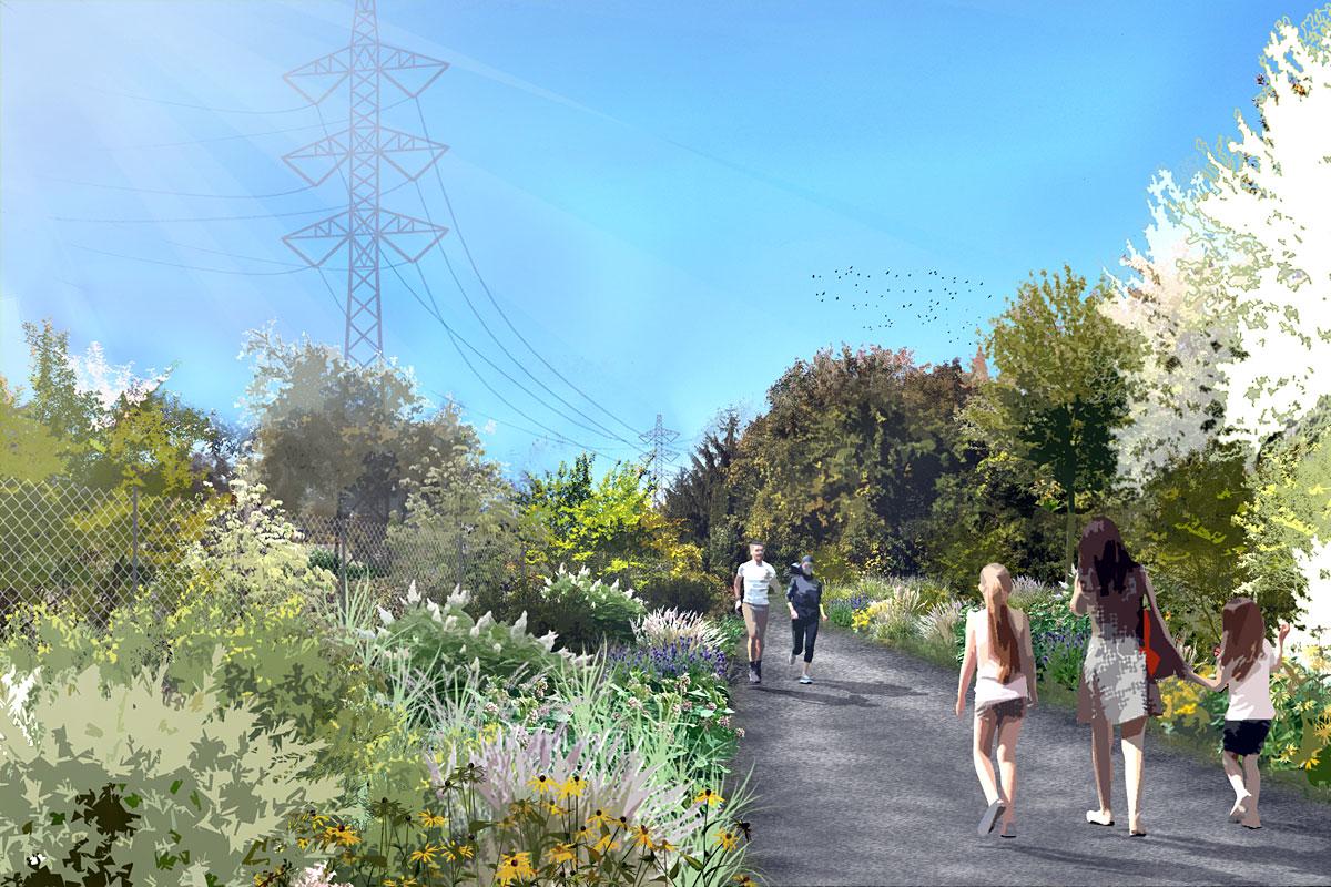 Nouveau corridor vert dans l’ouest de l’ile de Montréal. Crédit photo : Hydro-Québec et Ville de Montréal