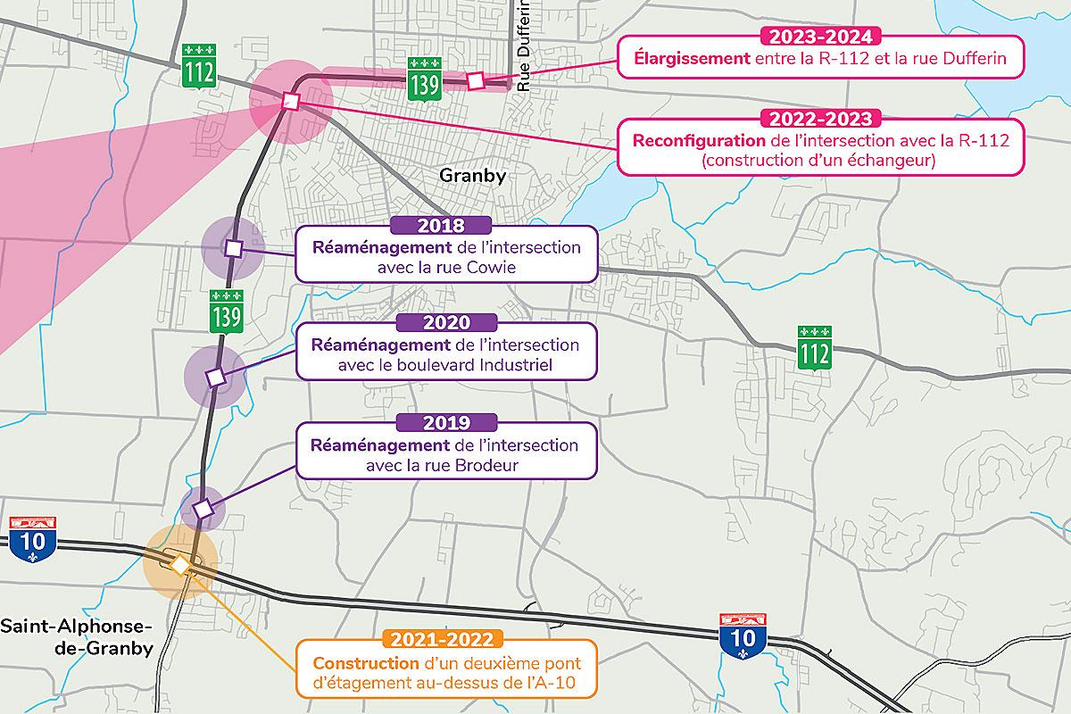 Granby : l’intersection des routes 112 et 139 prochainement dotée d’un échangeur. Crédit : MTQ