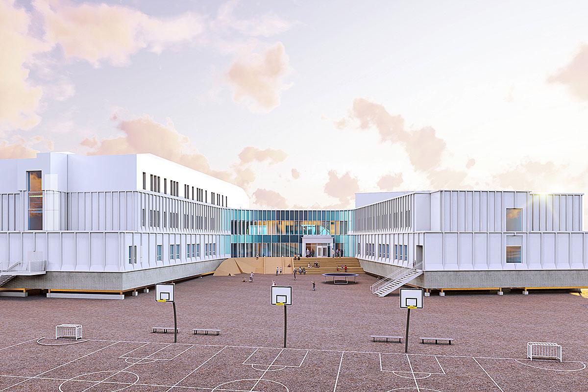 Logistique nordique et innovation au cœur d’un projet scolaire à Quaqtaq. Crédit : MLS + Jodoin Lamarre Pratte architectes en consortium