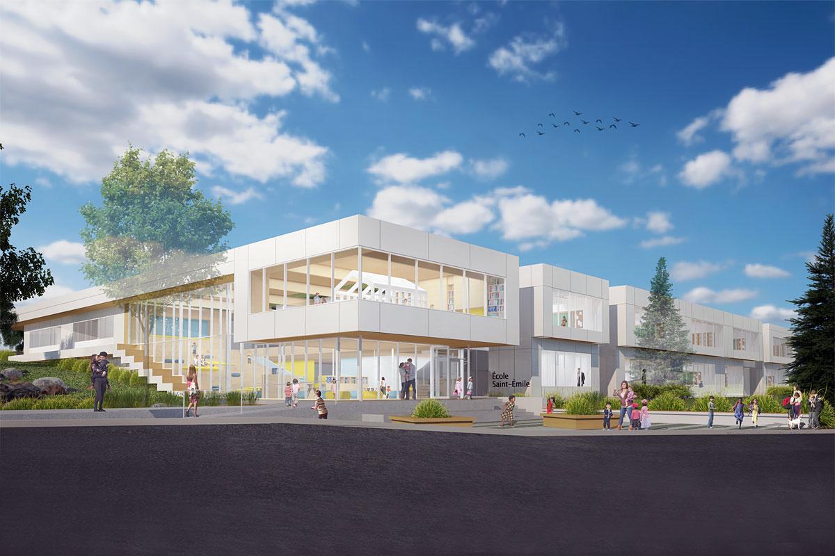 Construction d’une école primaire à l’allure futuriste dans Saint-Émile. Crédit : Régis Côté et associés