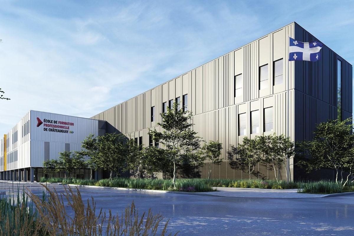 La construction du nouveau centre de formation professionnelle progresse à Châteauguay. Crédit : Provencher_Roy Architectes