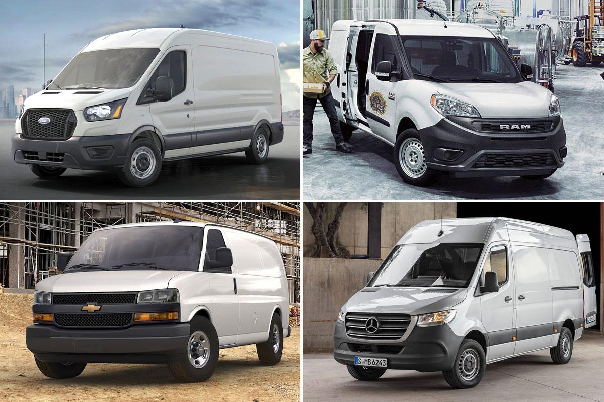 Le Ford Transit. Crédit : Ford; Le Ram Promaster. Crédit : Stellantis; Le Chevrolet Express. Crédit : General Motors; Le Mercedes-Benz Sprinter. Crédit : Mercedes-Benz