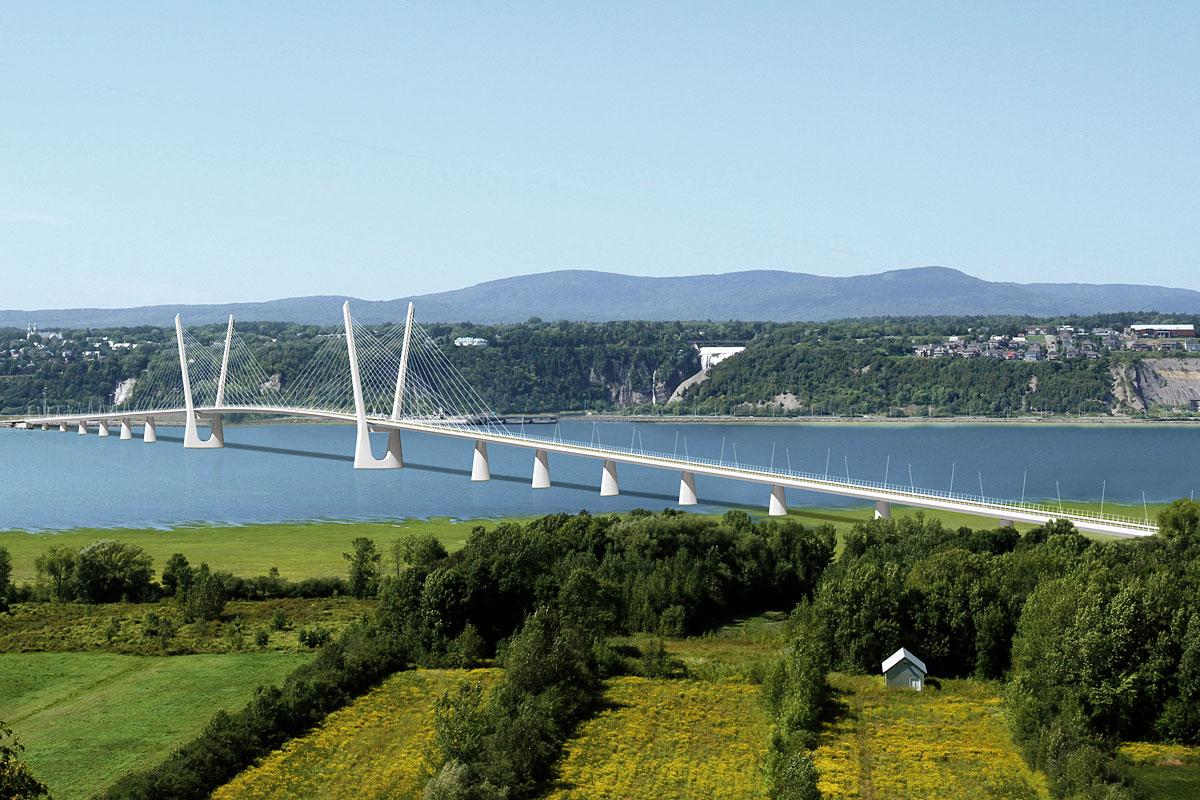 Le nouveau pont, au design épuré, laissera une plus grande place aux piétons et aux cyclistes grâce à de larges pistes polyvalentes aménagées de chaque côté de la chaussée. Crédit : MTQ