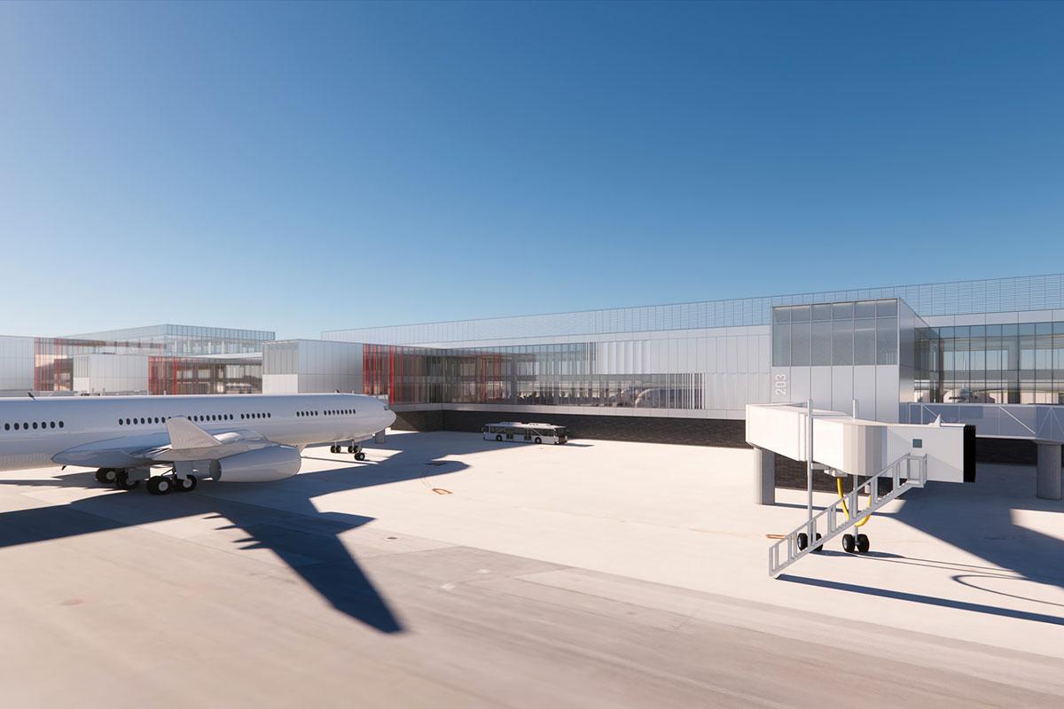 Une nouvelle jetée satellite en construction à l’aéroport Montréal-Trudeau. Crédit : Jodoin Lamarre Pratte Menkès Shooner Dagenais Letourneux Architectes en consortium, en collaboration avec Corgan