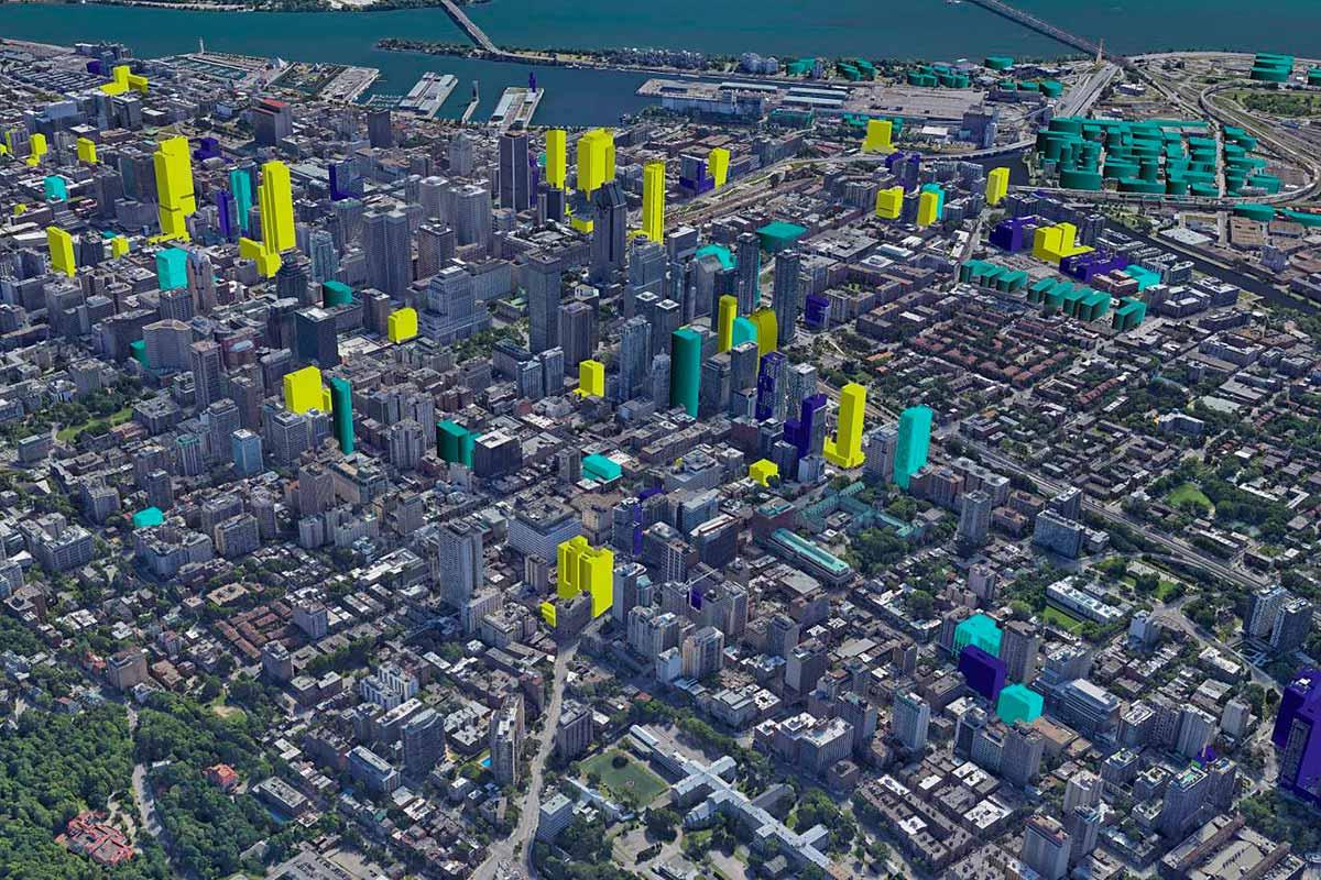 Ce montage fait par des contributeurs du forum de discussion AGORA MONTRÉAL sur le développement urbain, représente les édifices actuellement en construction (jaune), ceux en planification/développement (bleu pâle) et ceux récemment complétés (bleu foncé).