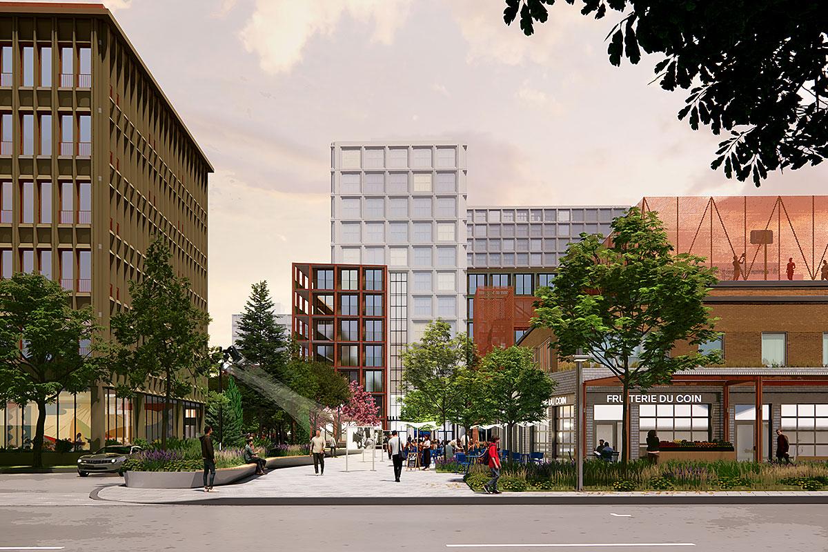 Redéveloppement de l’ancien siège de l’ONF à Saint-Laurent : un futur quartier complet et exemplaire. Crédit : Société immobilière du Canada