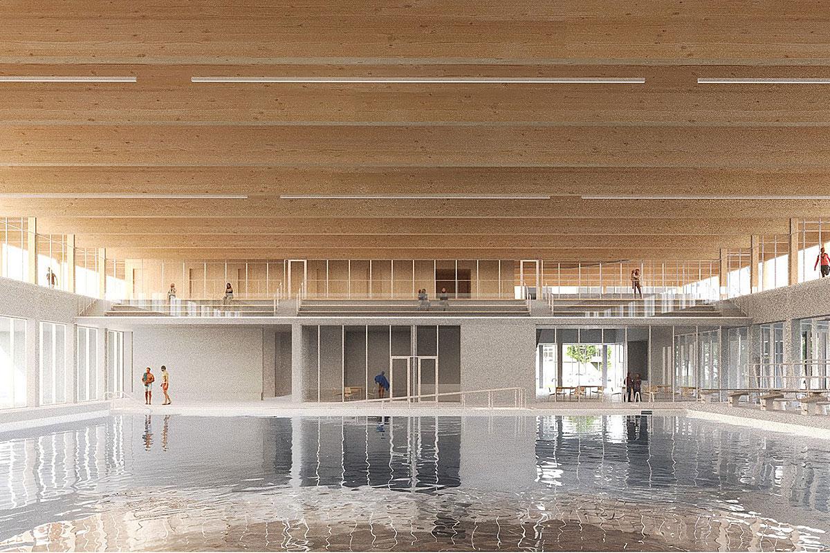 Un projet d’agrandissement de la piscine Édouard-Dubord à Victoriaville. Crédit : Architecture49 + PROULXSAVARD architectes en collaboration avec CIMA+ et EXP, pour le CSS des Bois-Francs et la Ville de Victoriaville