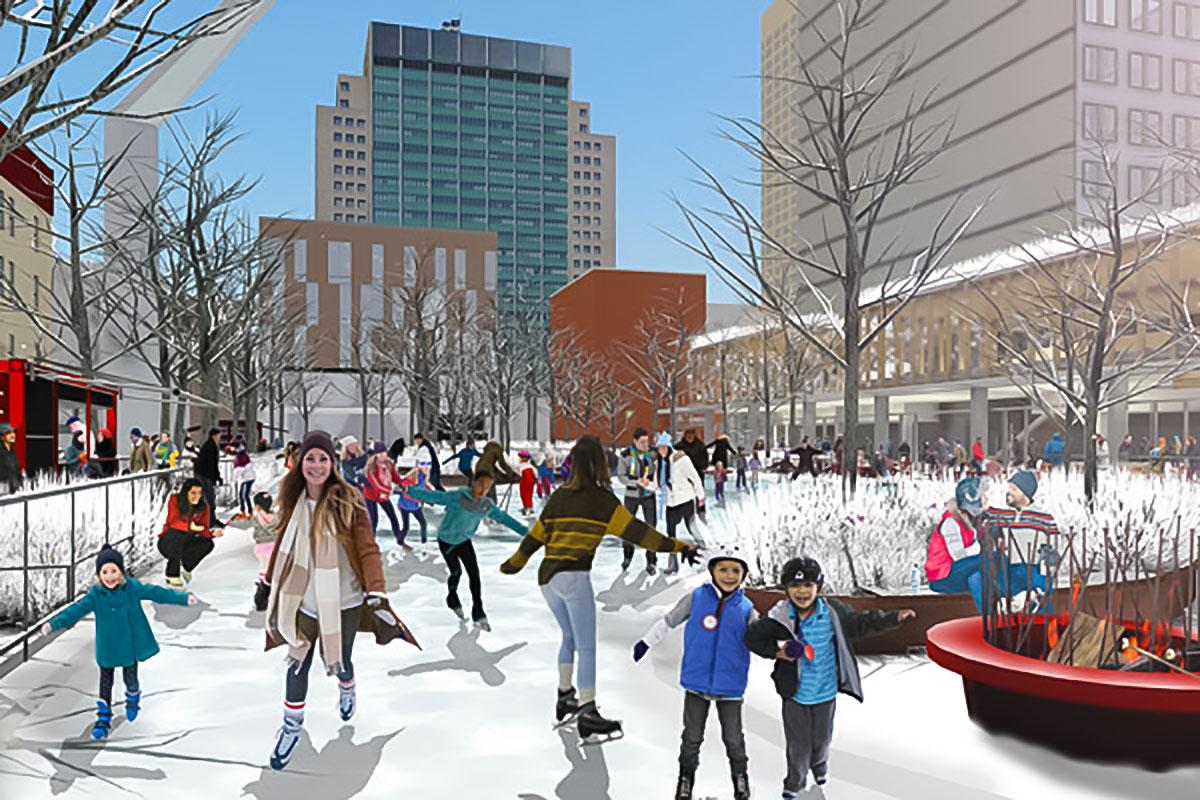 L’esplanade Clark accueillera des spectacles pendant la saison des festivals et une patinoire réfrigérée en hiver. Crédit: Fauteux et associés, architectes paysagistes 