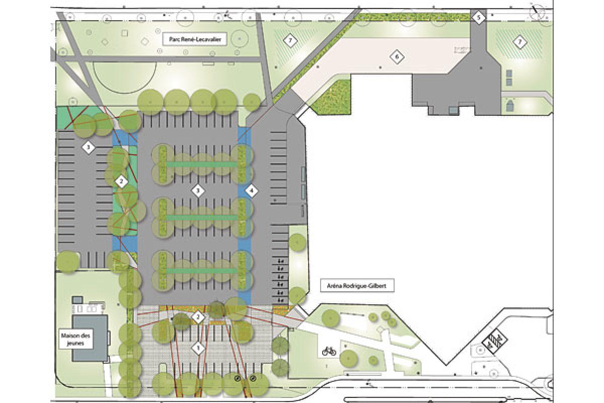 Plan du stationnement de l'Aréna Rodrigue-Gilbert.