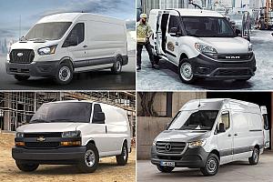 Le Ford Transit. Crédit : Ford; Le Ram Promaster. Crédit : Stellantis; Le Chevrolet Express. Crédit : General Motors; Le Mercedes-Benz Sprinter. Crédit : Mercedes-Benz