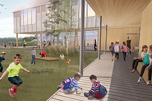 Lab-École de Maskinongé : un projet scolaire fait de jardins et de bois. Crédit : Lucie Paquet + Paulette Taillefer + Leclerc Architectes