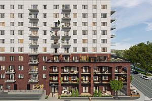 Aperçu de l'immeuble à vocation mixte qui sera érigé face au parc Miner, au centre-ville de Granby. Crédit : Favreau Blais Associés Architectes