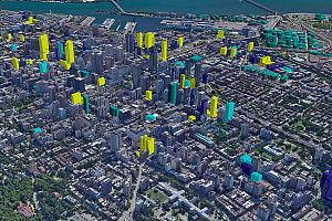 Ce montage fait par des contributeurs du forum de discussion AGORA MONTRÉAL sur le développement urbain, représente les édifices actuellement en construction (jaune), ceux en planification/développement (bleu pâle) et ceux récemment complétés (bleu foncé).