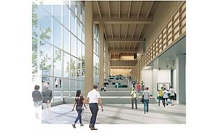 Vue de l'intérieure du futur pôle municipal - Perspective fournie par le consortium Lapointe Magne et associés+ L’ŒUF/Dupras-Ledoux/ LC2 + Équipe Laurence / NIP Paysage