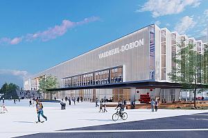 Le futur pôle municipal regroupera la bibliothèque, l’hôtel de ville, une place publique et, dans une seconde phase, un complexe aquatique.  Crédit : Lapointe Magne et associés / L’ŒUF.