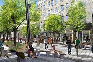 Sainte-Catherine Est piétonnisée et réaménagée dans le Village d’ici 2030. Crédit : Ville de Montréal