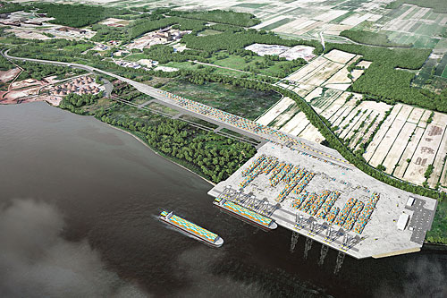 Le terminal de Contrecoeur sera d’envergure, avec une capacité de 1,15 million de conteneurs. Crédit : APM